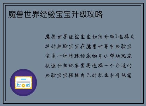 魔兽世界经验宝宝升级攻略